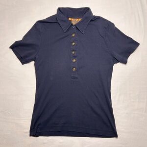 Tory Burch Shirt Womens L Navy Blue Gold Buttons Short Sleeve Henley Polo Preppy